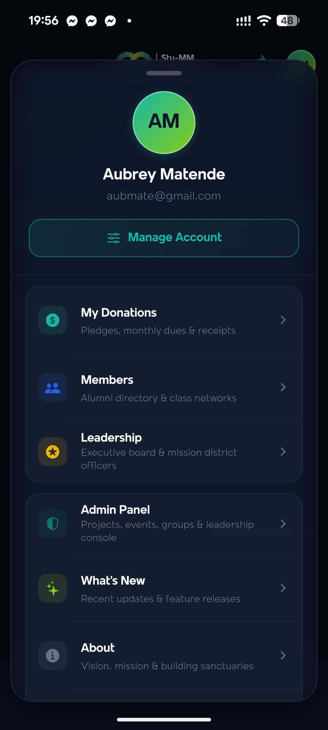 Member Profile and Admin Panel Drawer